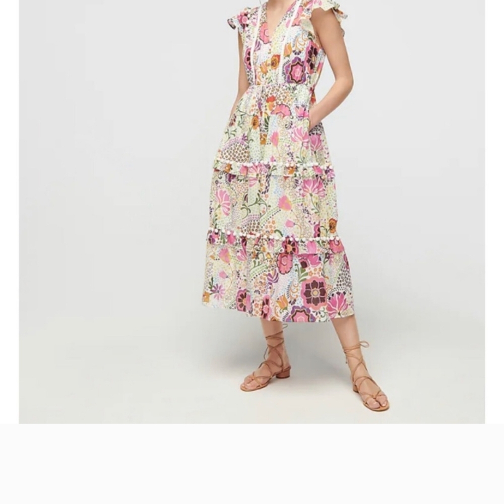 J. Crew Floral Ruffled Tiered Pom Pom Midi Dress, Size 8
